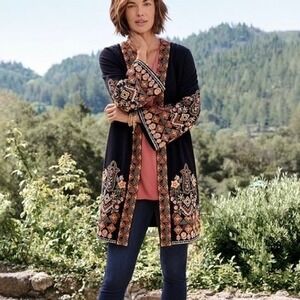 Soft Surroundings Fiberworks embroidered kimono long line cardigan size M black